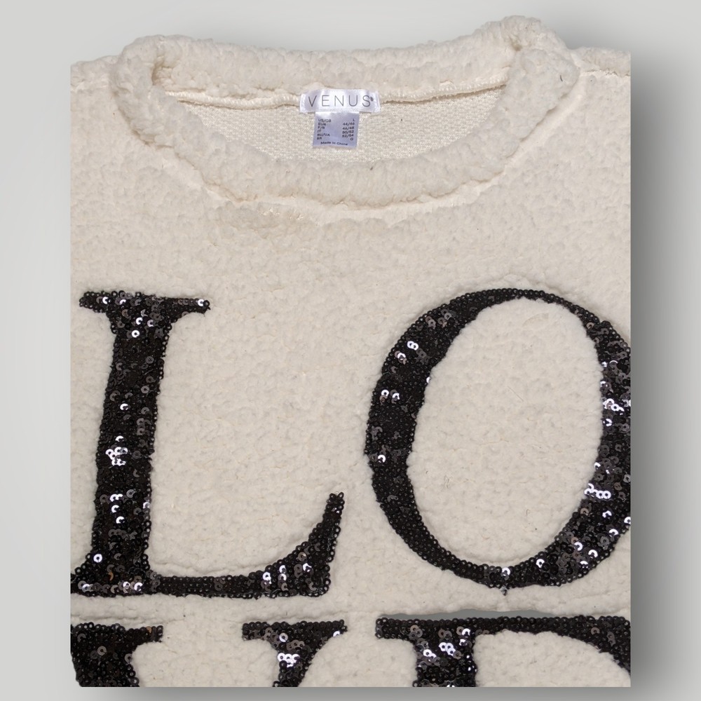 Venus Women's L White Fluffy Sherpa LOVE Long Sleeve Pullover Sweater Sweatshirt - Picture 3 of 13